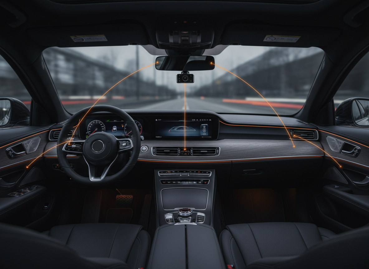 Multi-channel dash camera setup inside a car