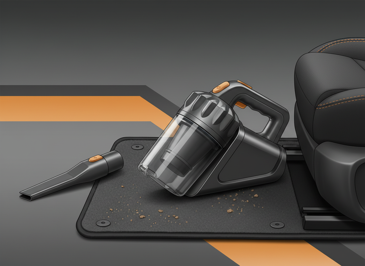 Illustration of an unbranded handheld vacuum beside a car seat