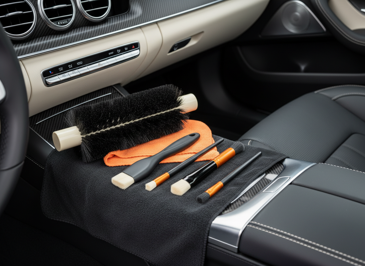 Car detailing brushes arranged beside a clean vehicle interior