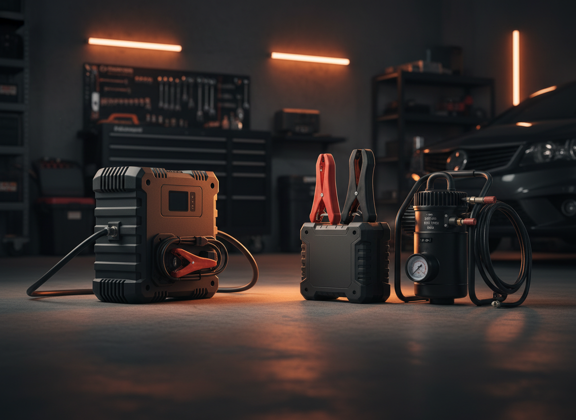 All-in-one jump starter compressor beside separate roadside tools
