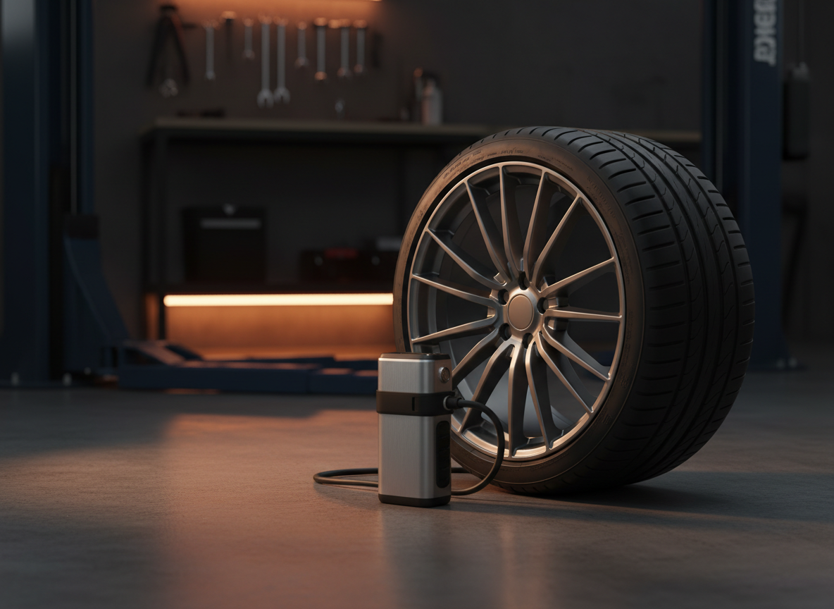 Portable tire inflator beside a car wheel