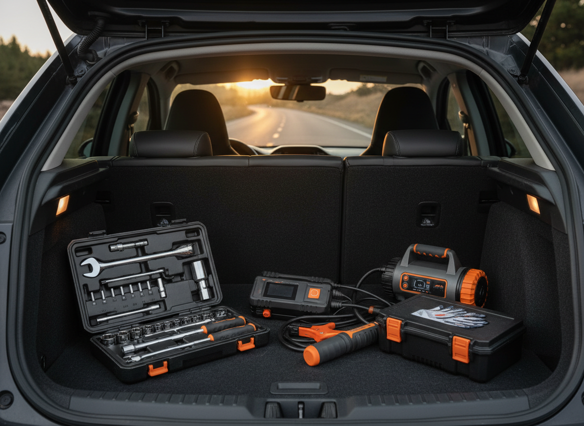 Roadside car tools organized in an open trunk