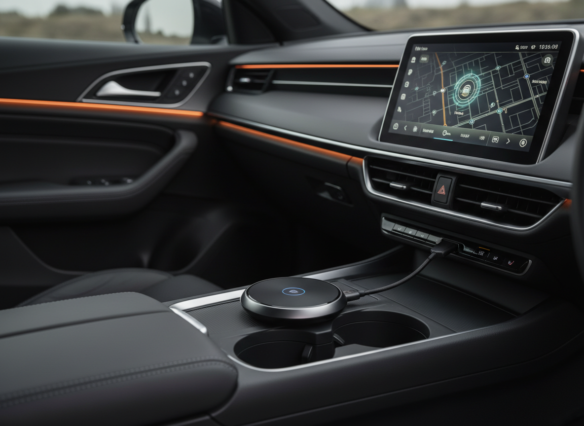 Wireless CarPlay adapter beside a modern infotainment system